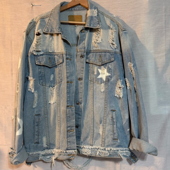 Jackets & Blazers - Distressed Denim Jacket Graphic Quote Stars Oversized Light Wash S